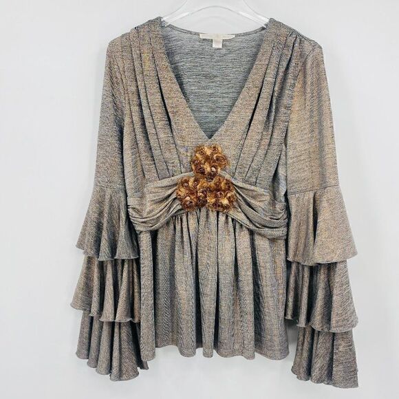 Boston Proper Size Medium Silver Metallic V Neck Tiered Sleeve Blouse Top - Picture 1 of 9